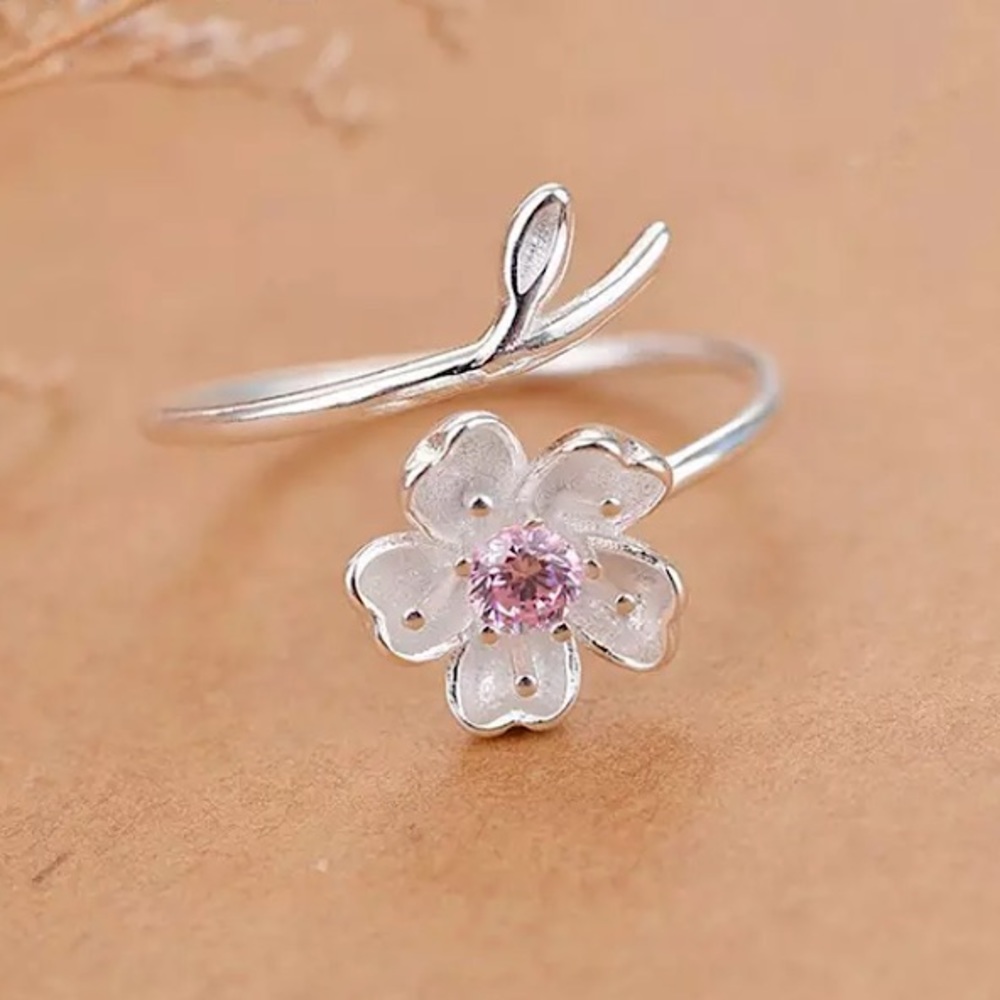 Japanese Cherry Blossom Flower Silver Diamond Ring - Picture 3 of 6
